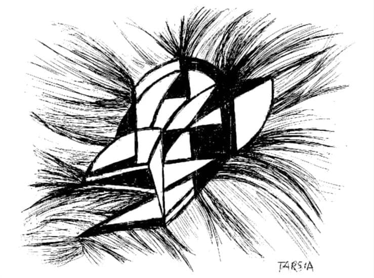 Dibujo de Marta Tarsia, en blanco y negro, de la invitación a la presentación